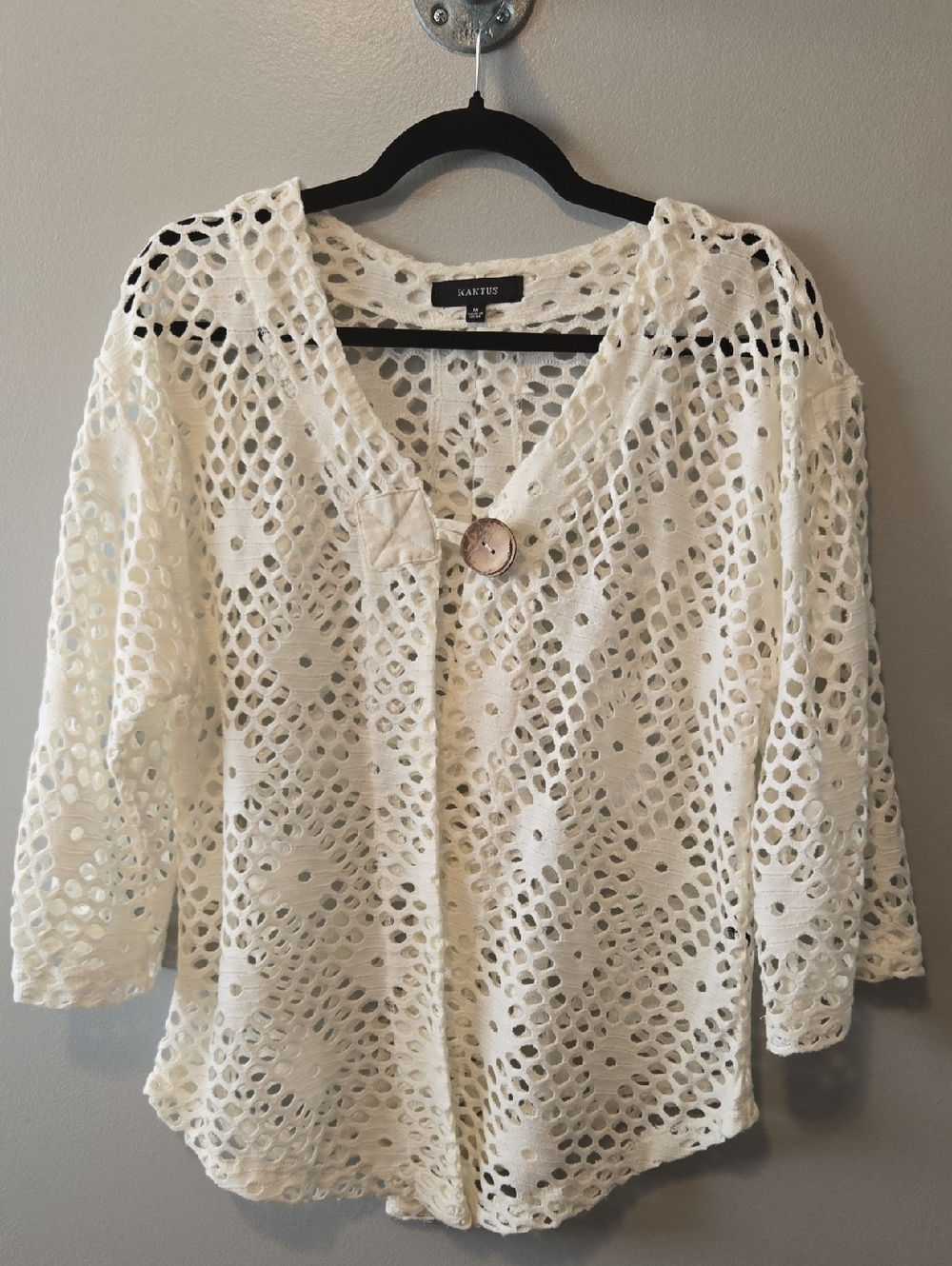 Kaktus Cream Open Crochet Knit Cardigan 3/4 Sleeve. Size M  BOHO Cottagecore